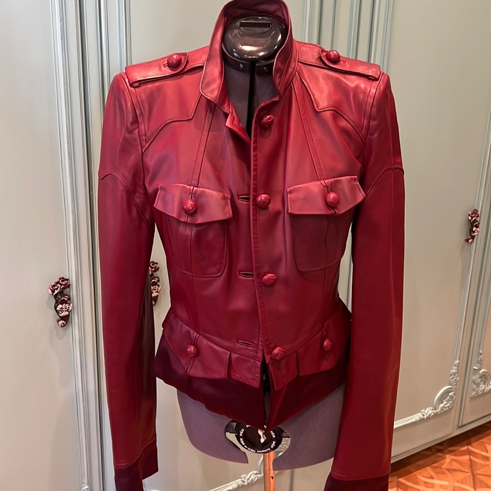 Yves Saint Laurent leather jacket with satin trim. Burgundy color, size 42
